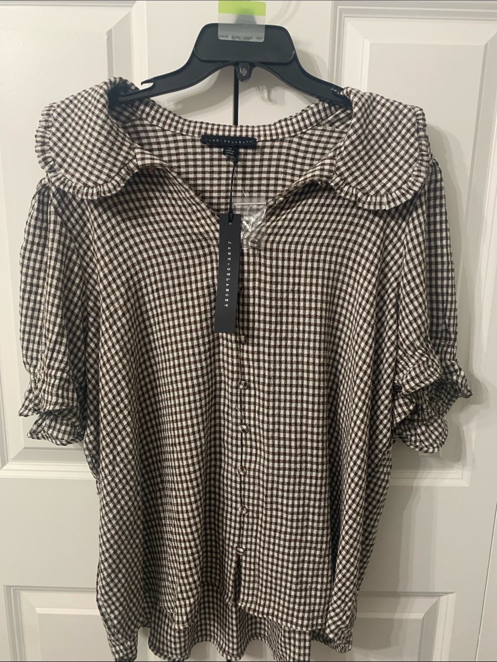 Jane and Delancey Brown Gingham Button-Down Blouse with Peter Pan Collar